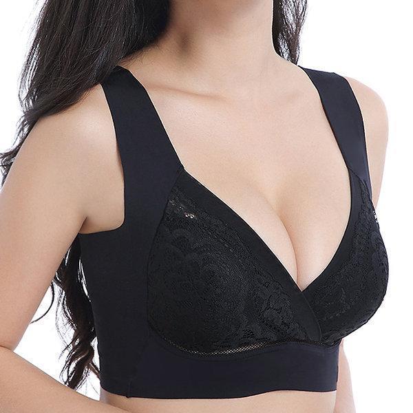 Deep Plunge Embroidered Full Cup Wireless Bras - Black