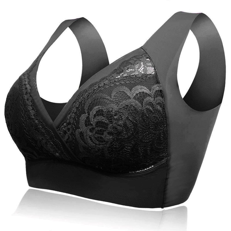 Deep Plunge Embroidered Full Cup Wireless Bras - Black