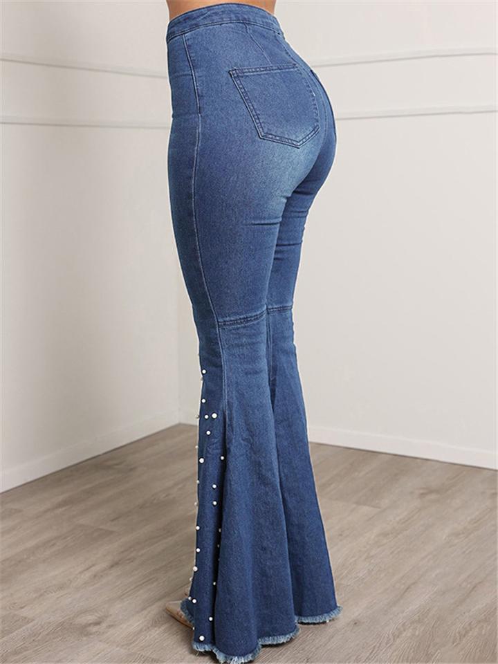 Trendy Washed Effect Beaded Stretchy Frayed Hem Flare Jeans