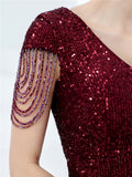 V-Neck Short Sleeve Graceful Slim Sequins Solid Color Long Evening Dresses