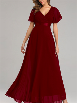 New Elegant V-Neck Ruffles Chiffon Formal Evening Gown Maxi Dresses