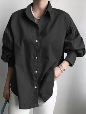 Casual Puff Sleeve Single Breasted Loose Shirt for Office Lady