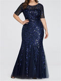 Short Sleeve Sequined Mesh Mermaid Slim Evening Dress