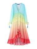 Women's V-Neck Gradient Color Elegant Maxi Dress