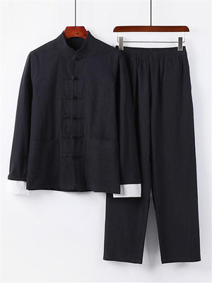 Relaxed Fit 2-Piece Outfit Retro Button Collar Shirt + Elastic Waistband Full-Length Pants