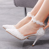 Women’s White Pearl Lace Floral Buckle High Heels Wedding Pumps