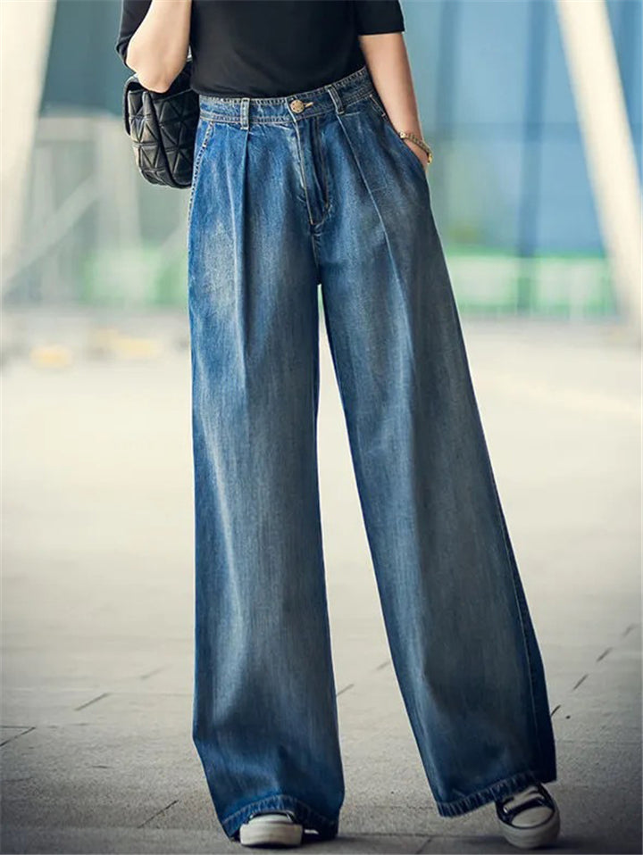 Women's Stitching Stonewashed Effect Wide-Leg Pocket Jeans