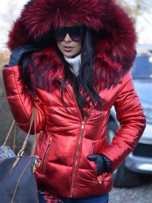 Women Fashion Fur Collar Black Puffer Coat With Hood