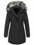 Trendy Slim Faux Fur Collar Hooded Solid Color Coat With Pockets