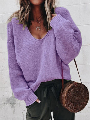 Women's Leisure Deep V Neck Plain Oversized Warm Knitted Sweaters