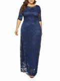 Women's Elegant Plus Size Floral Lace Maxi Pocket Dress for Evening Party