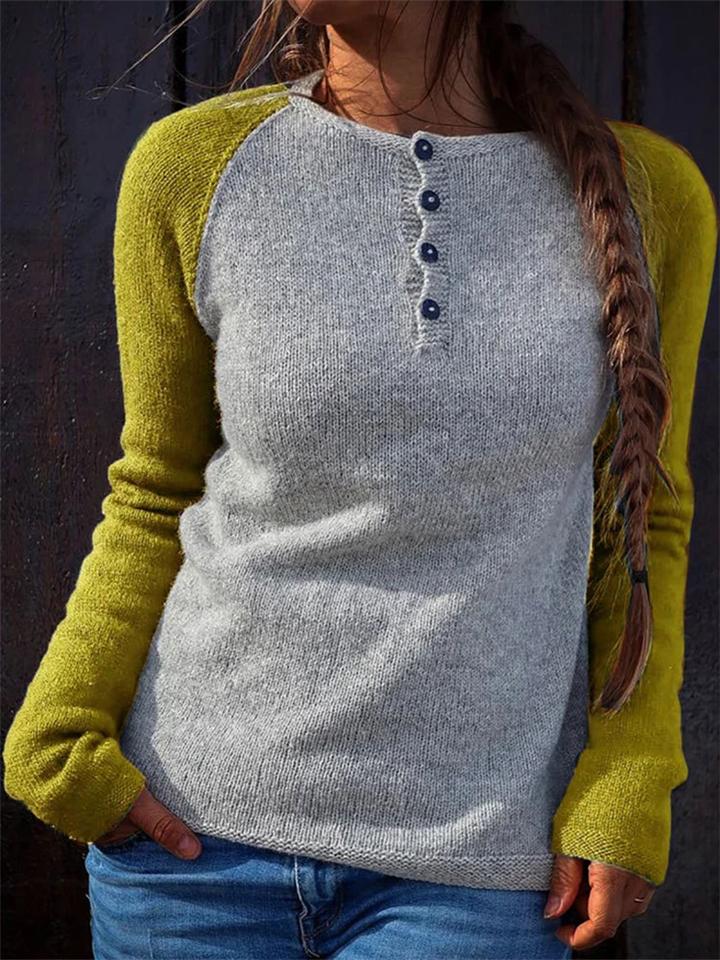 Casual Fit Contrasting Front Button Up Knitted Pullover Sweater