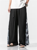 Linen Cotton Elastic Waistband Drawstring Pleated Detailing Crane Print Full Length Pants