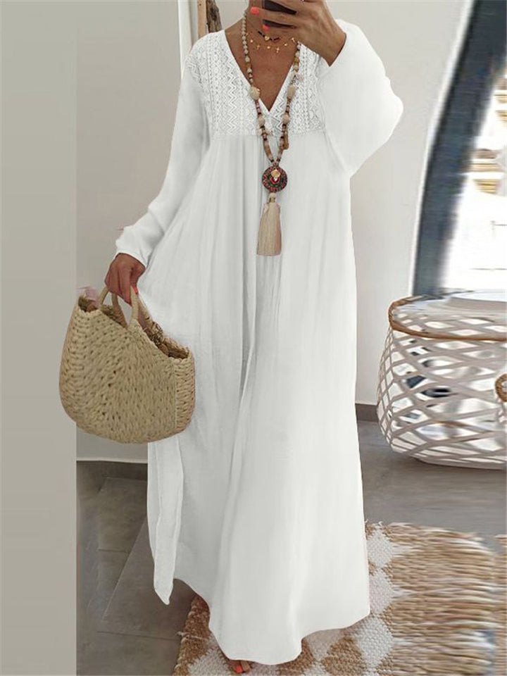 Soft Touch Ruffled Detailing V Neck Long Sleeve Loose Fit Maxi Nightgown
