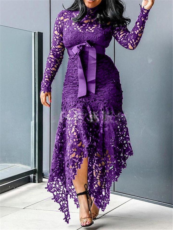 Stunning Waist Tie Lace Design Asymmetric Hem Dress for Prom