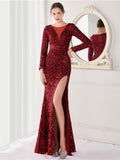 Graceful Long Sleeve Solid Color Sequins Fishtail Split Evening Dresses