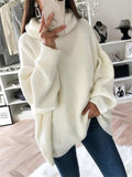Oversized High Neck Solid Collar Long Sleeve Ribbed Knit Sweater