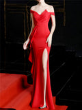 Gorgeous Sexy Off Shoulder Fishtail Split Solid Color Evening Dresses