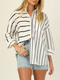 Youth Simple Style Stripe Lapel Oversize Long Sleeve Women Blouses