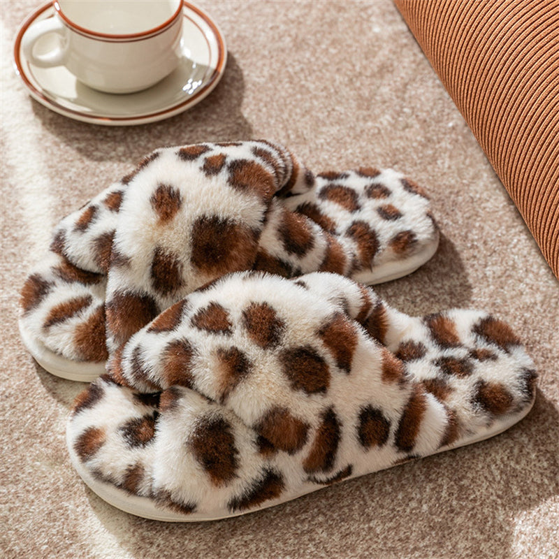 Winter Lovely Leopard Print Cross Straps Suede Women Slippers