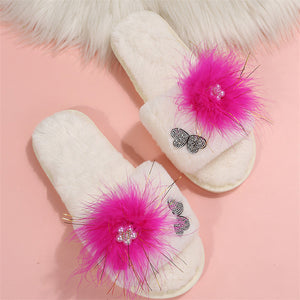 Casual Plush Fluffy Floral Open Toe Comfortable Women Slippers