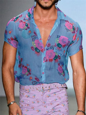 Mens Sexy Floral Print Lapel Button See-Through Shirt