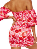 Sexy Floral Sweetheart Off Shoulder Balloon Sleeve Bodycon Mini Dress