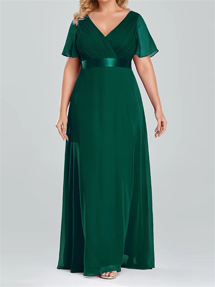 Women V-Neck Chiffon Short Sleeve Ruffle Evening Dress