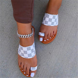 Trendy Plaid Toe Ring Flat Female Slippers in Summer
