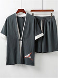 Men's Linen 2-Piece Outfit Simple Style V-Neck Solid Color Short Sleeve Top + Drawstring Shorts