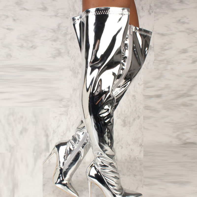 Silver Pointed Toe High Thin Heels Long Boots