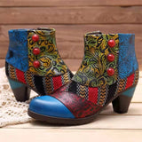 Bohemian Style Fashion Color Matching Zipper Chunky Heel Ankle Boots