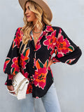 Fashion Floral Print Lapel Button Puff Sleeve Colorful Blouses for Office Ladies