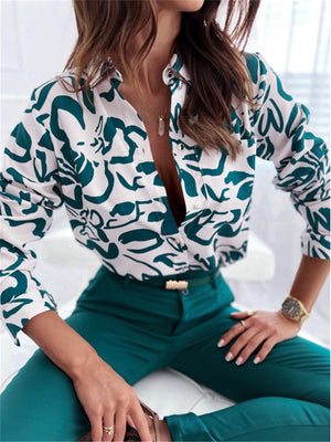 Women's Trendy Turn Down Collar Long Sleeve Printed Office Blouses