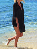 Semi-Sheer Side Slit Curved Hem Chest Pocket Classic Collar Thigh-Length Beach Blouse