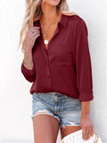 Office Lady Simple Button Pocket Comfortable Pure Color Silk Blouses
