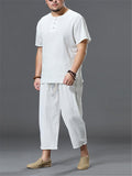Loose Fit Linen 2-Piece Round Neck Button T-Shirt + Drawstring Cropped Pants