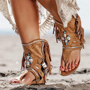 Bohemian Suede Tassel Clip Toe Flat Sandals For Women