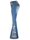 Women's Washed Effect Floral Embroidery Bell Bottoms Jeans for Summer Autumn