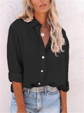 Casual Fit Solid Color Button Up Lapel Collar Long Sleeve Blouse