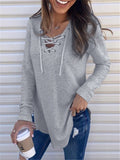 Women's Casual Solid Color Lace-up Neck Long Sleeve Tops