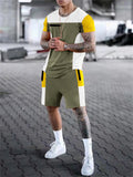 Male Trendy Contrast Color Round Neck Tops Shorts 2 Pieces Sets