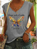 Butterfly And Words Printed V-Neck T-Shirts