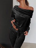 Slim Fit Velvet Tracksuit Off Shoulder Drawstring Tops + Pocket Sweatpants