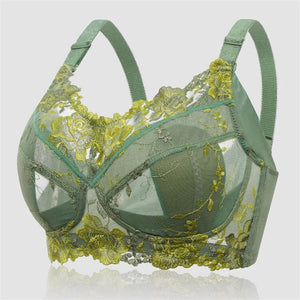 Flower Embroidered Jacquard Wireless Lace Bras - Green