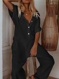 Plus Size Casual Short Sleeve Solid Pockets Jumpsuits