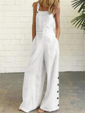Retro Solid Color Sleeveless Side Pocket Casual Wide-Leg Side Buckle Jumpsuit