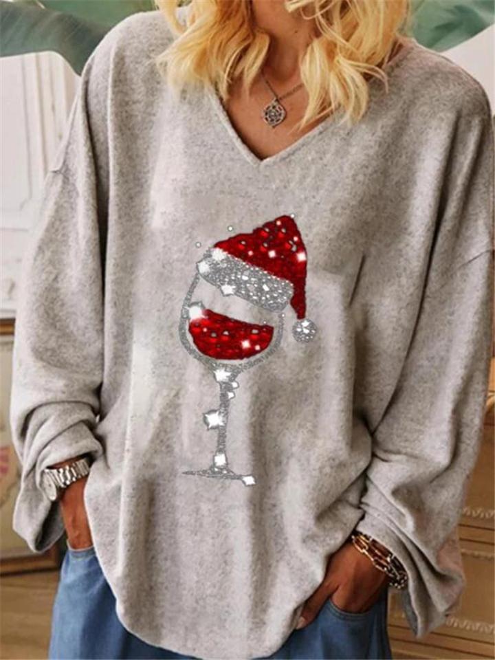 Oversized Christmas Themed Wine Glass Printed Pullover Shirt