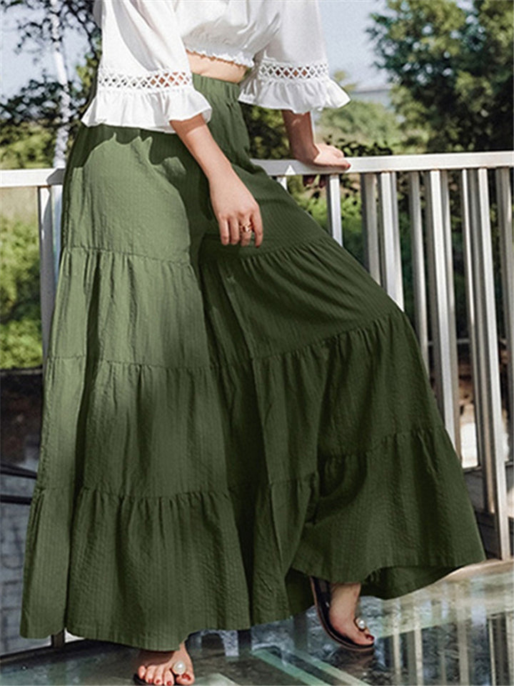 Casual Style Elastic Waistband Pleated Detailing Wide-Leg Full-Length Culottes