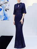 Elegant Sequined Half Sleeve Trumpet Sexy Black Formal Dress